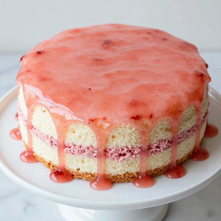 Strawberry glaze cake with glossy pink finish and dripping glaze
