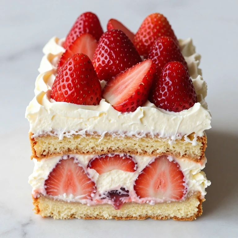 Layered strawberry shortcake icebox cake slice with wafers and whipped cream