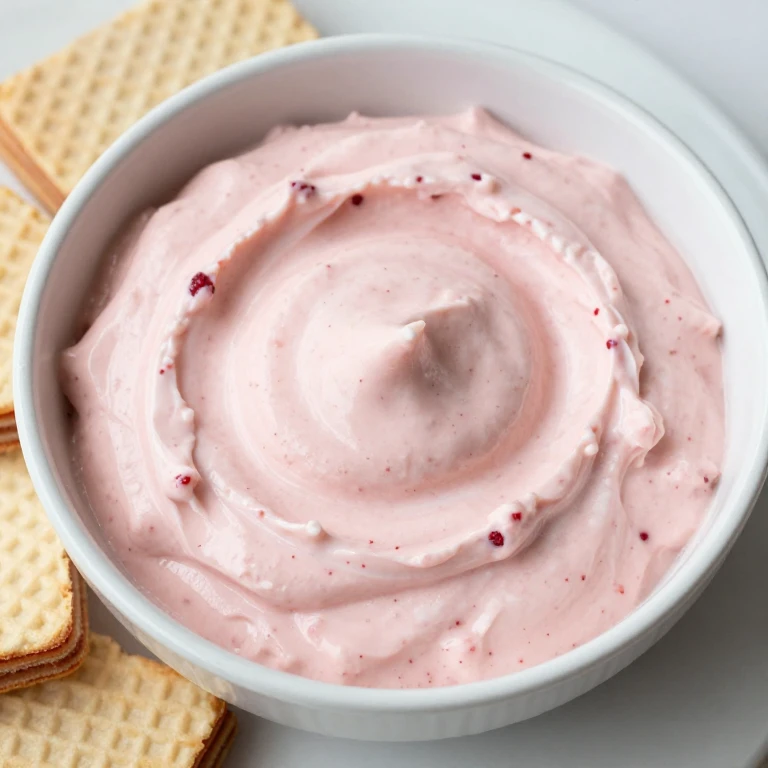 Creamy strawberry cheesecake dip with stacked vanilla wafers for serving