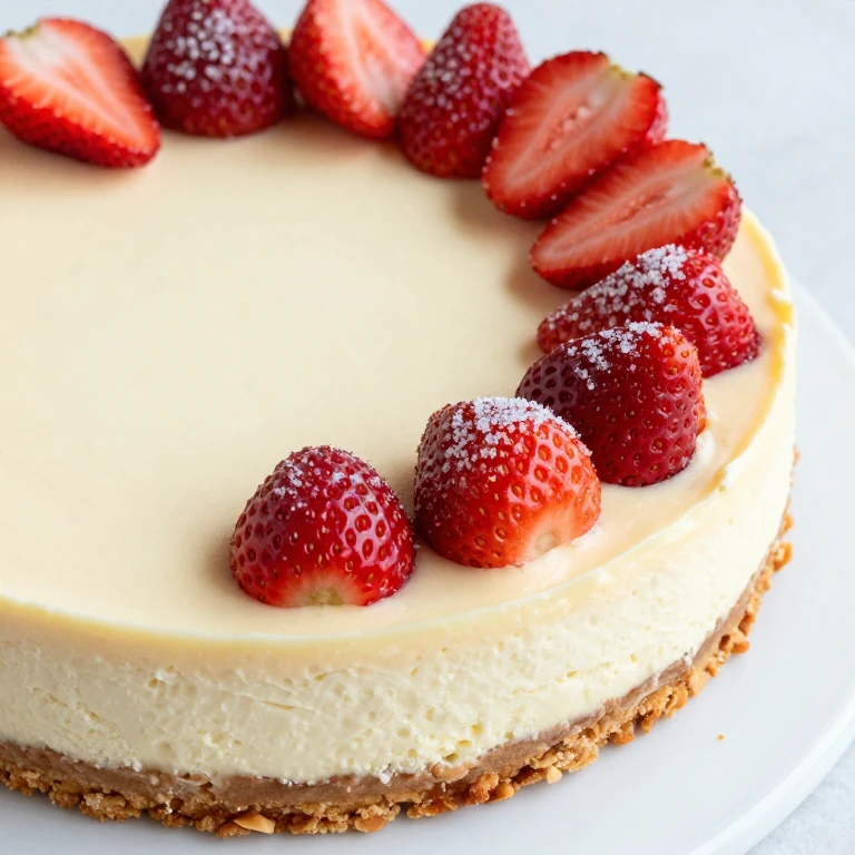 Ricotta-mascarpone cheesecake with almond crust and fresh strawberry topping