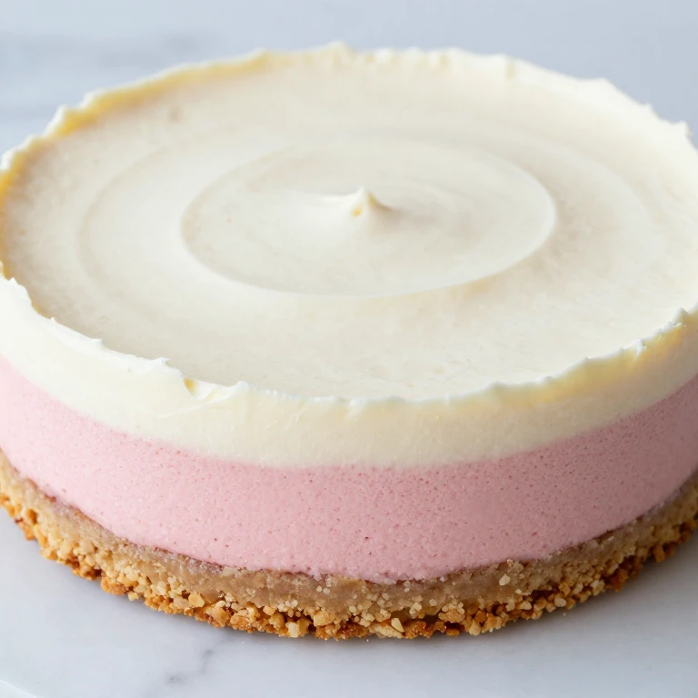 Two-layer strawberry mousse torte with cookie crumb base and cream cheese layer