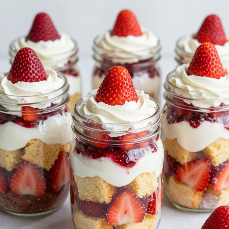 Layered strawberry parfait jars with pound cake, cream, berries, and jam