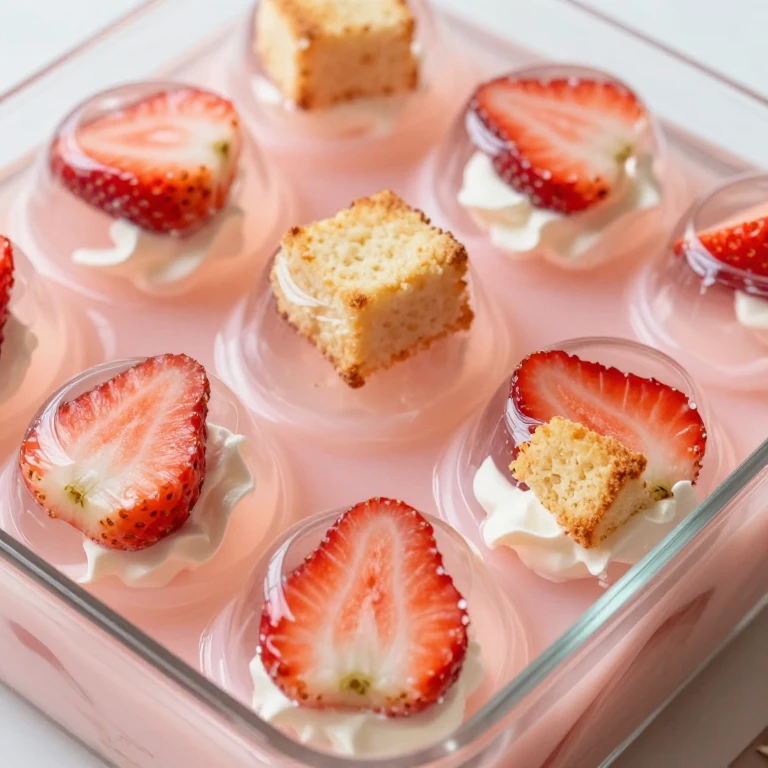 Light strawberry gelatin cake with suspended berries and pound cake cubes