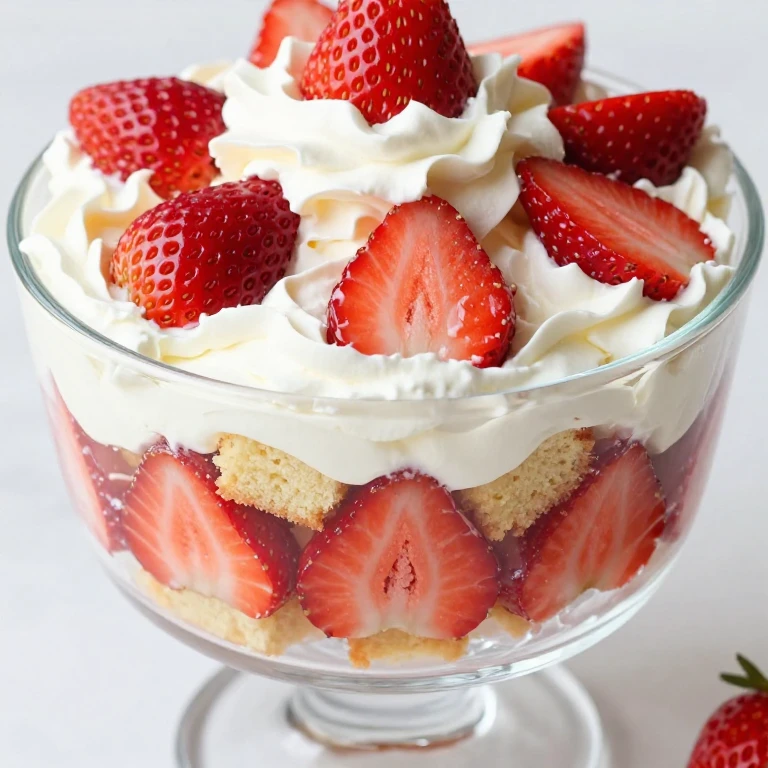 Layered strawberry shortcake trifle in clear bowl with pound cake and cream