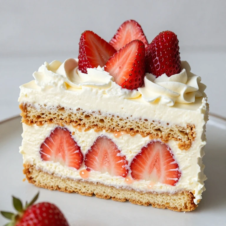 Strawberry cream cheese icebox cake slice with wafers and fresh berry layers