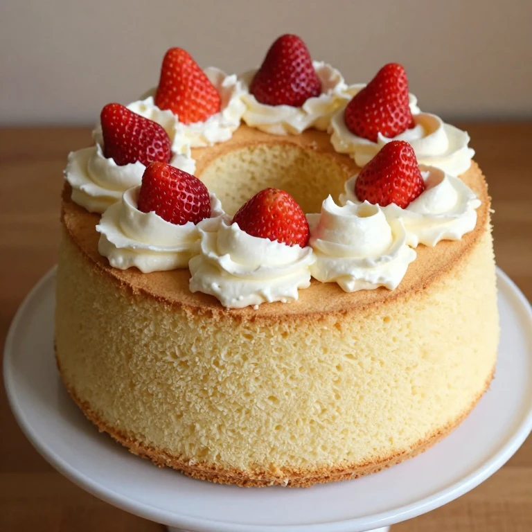 Tall aquafaba chiffon cake topped with whipped coconut cream and fresh strawberries