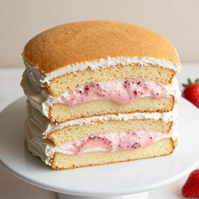 Strawberry swirled aquafaba layer cake with golden sponge layers and pink purée