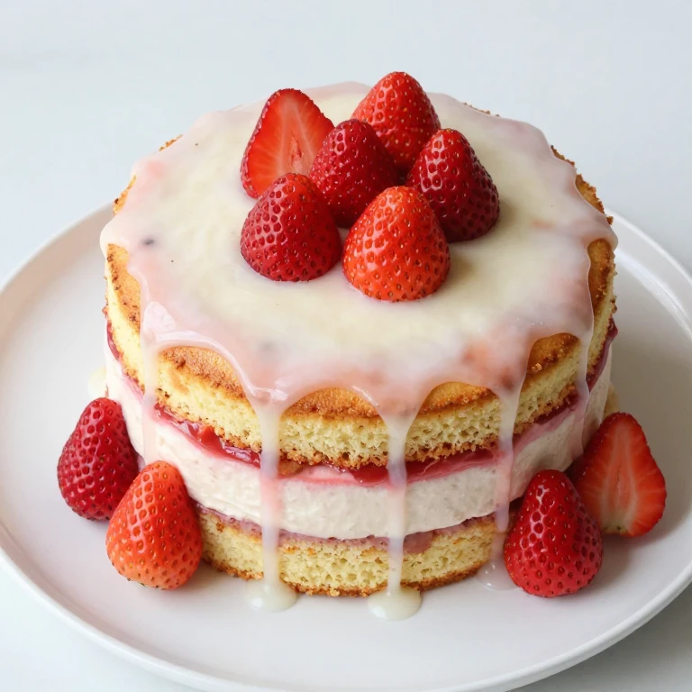 Cardamom-strawberry cake with creamy coconut glaze and fresh berry topping