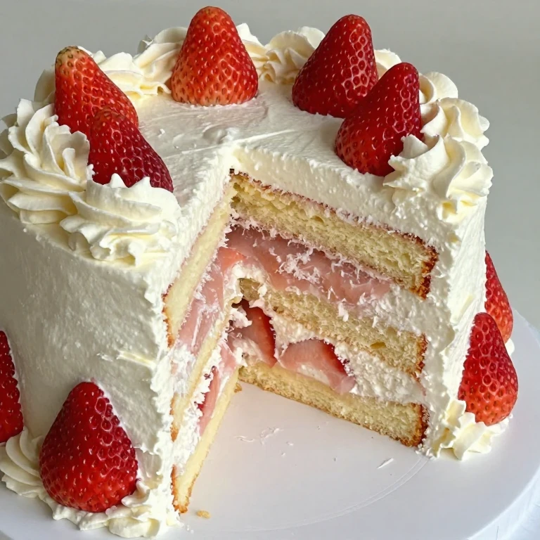 Two-layer strawberry oil cake with fluffy coconut frosting and fresh strawberries