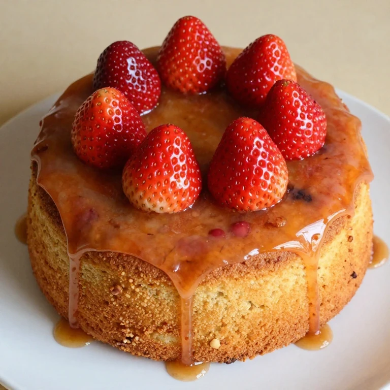 Brown butter oil cake with glossy strawberry glaze and candied fresh berries
