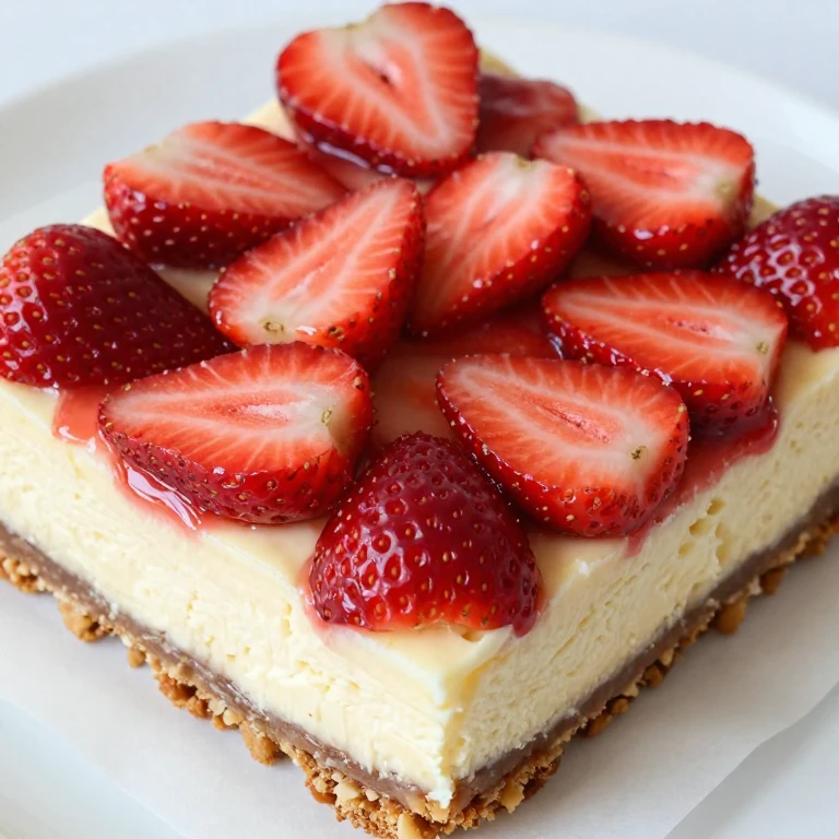 No-bake strawberry cheesecake bars with almond crust and jam-glazed fresh berries