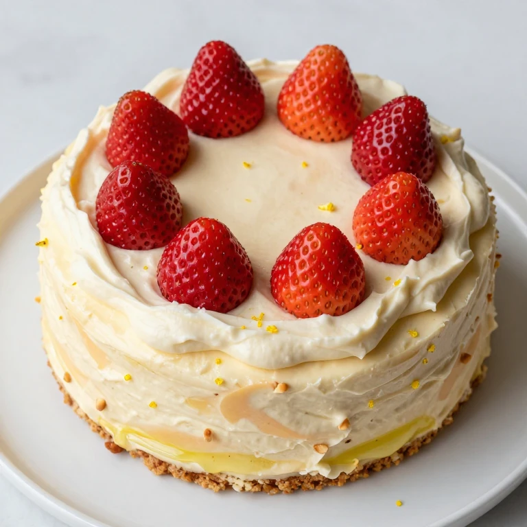 Olive oil strawberry cake with creamy cashew mascarpone frosting and fresh berries