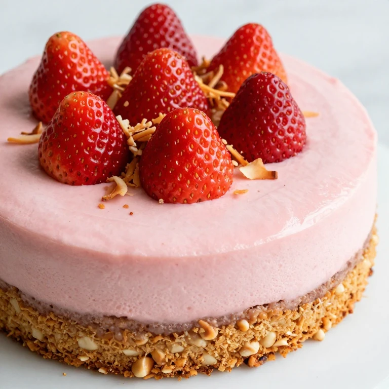 Strawberry mousse cake with hazelnut base, topped with fresh berries and coconut