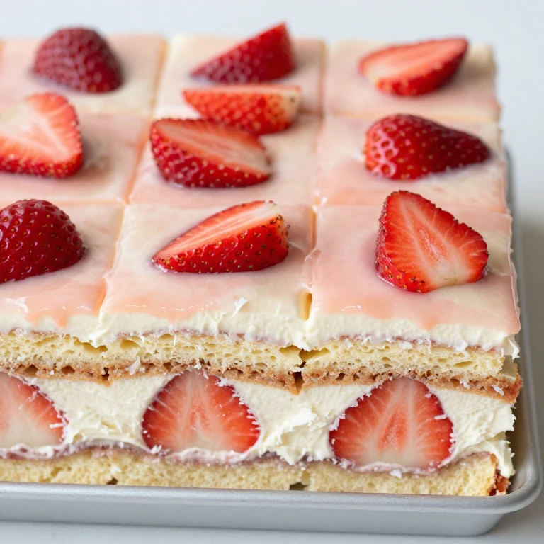 Icebox cake with layered wafers, coconut cream, and fresh strawberries