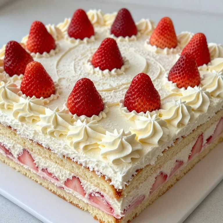 Sheet cake with whipped coconut frosting topped with fresh strawberries
