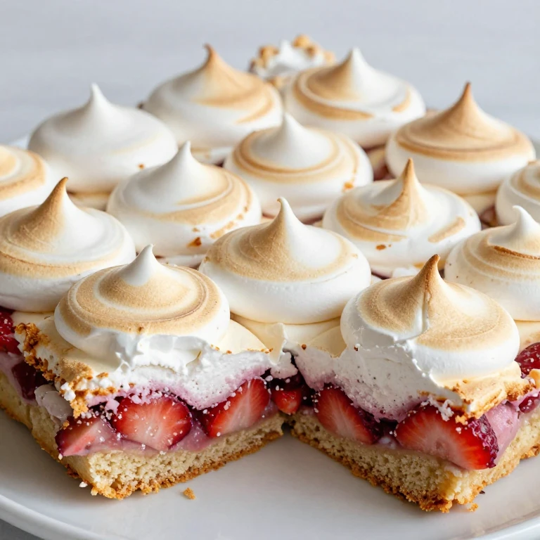 Cake bars with strawberry-rhubarb filling topped with golden aquafaba meringue