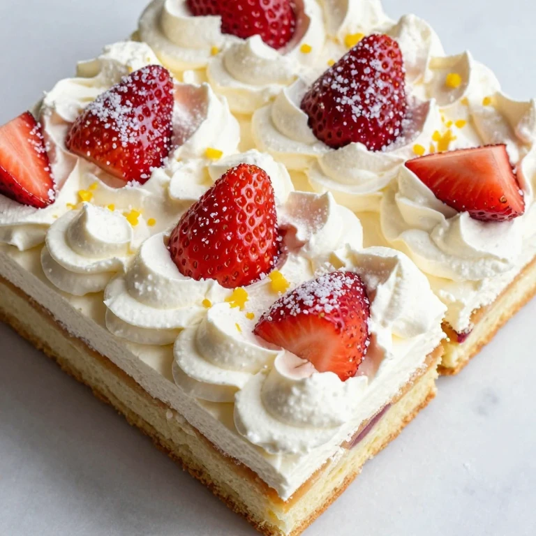 Shortcake squares with whipped aquafaba cream and fresh sliced strawberries