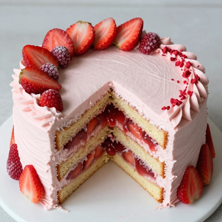 multi-layer strawberry cake with cream cheese frosting and fresh berry garnish