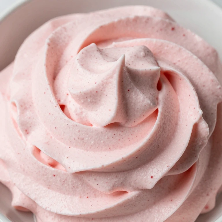 exceptionally light aquafaba whipped strawberry frosting with airy peaks