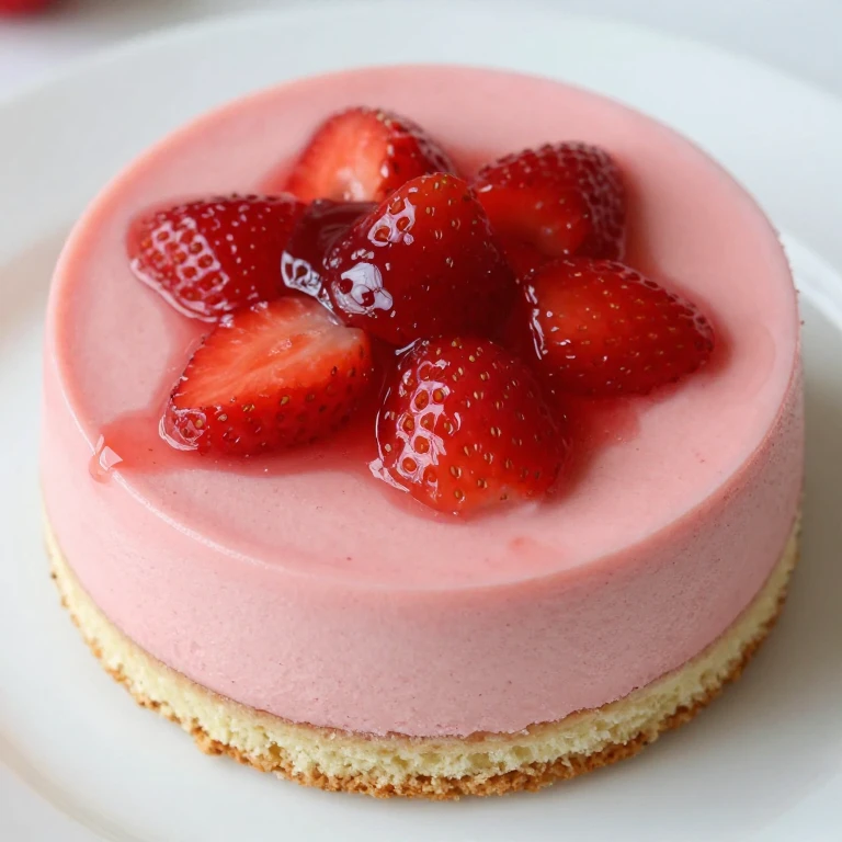 Strawberry mousse cake with glossy jam glaze on white plate