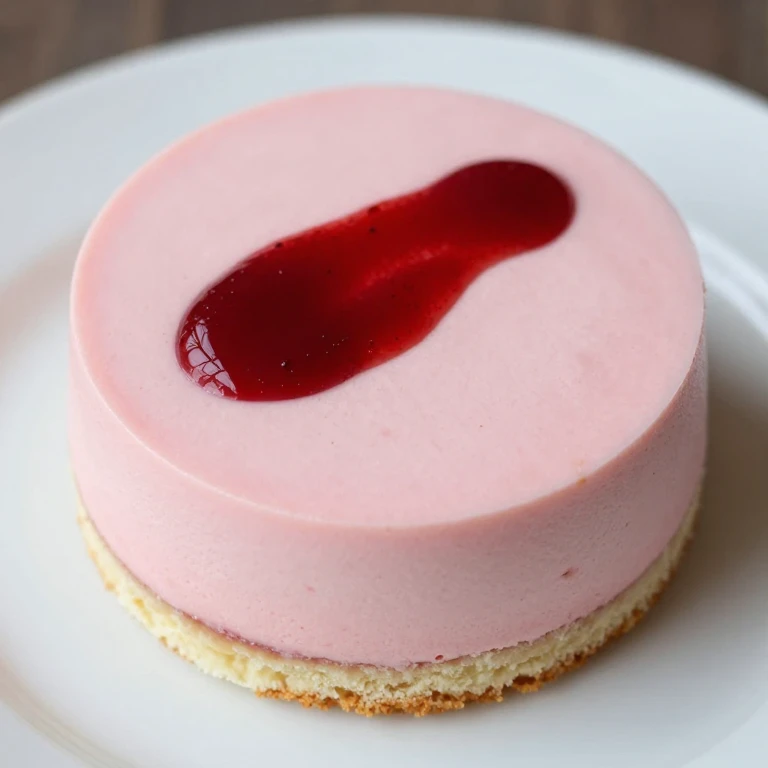 Strawberry mousse cake with raspberry coulis drizzle on plate