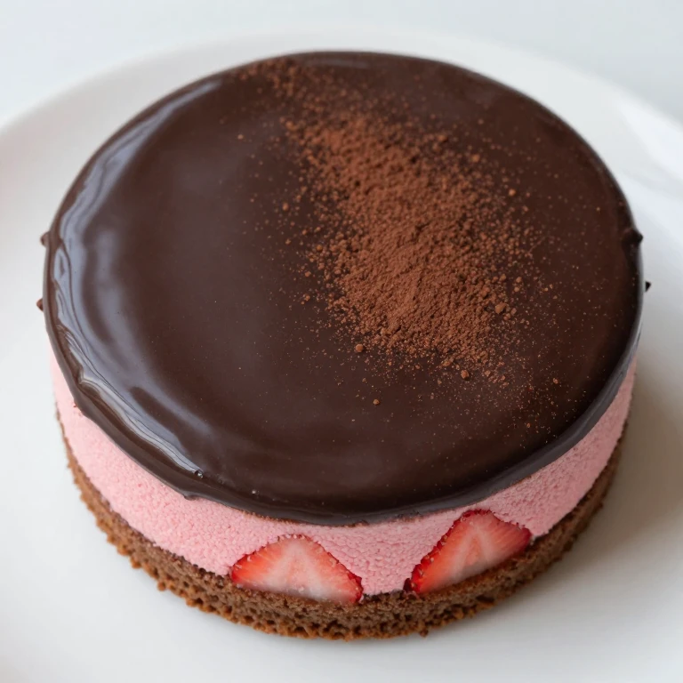 Strawberry mousse cake topped with dark chocolate mirror glaze