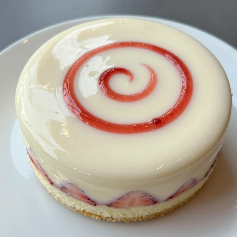 Strawberry mousse cake with mirror glaze and raspberry swirl pattern
