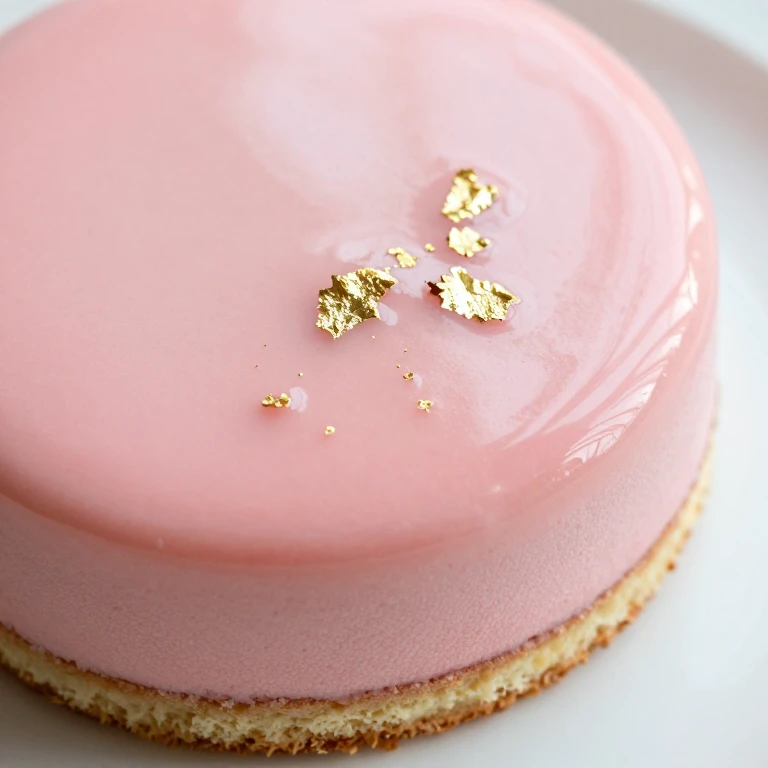 Strawberry mousse cake with pink glaze and edible gold leaf