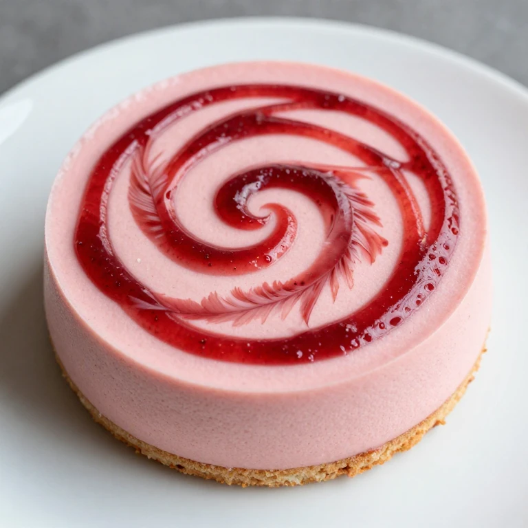 Strawberry mousse cake with raspberry coulis swirl pattern