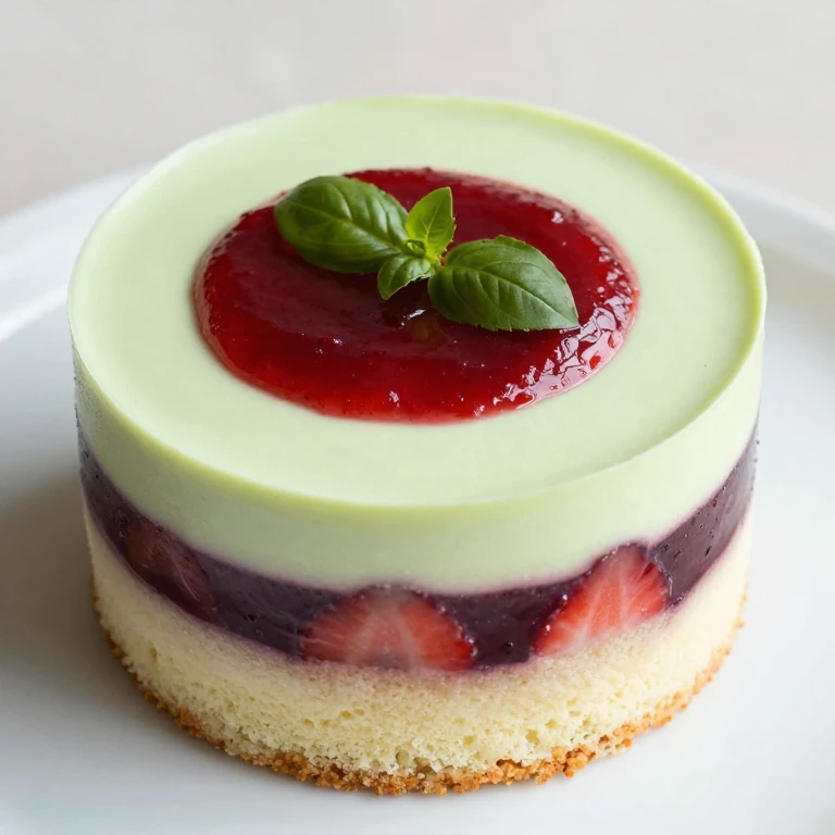 Layered strawberry-basil coulis and lime mousse cake