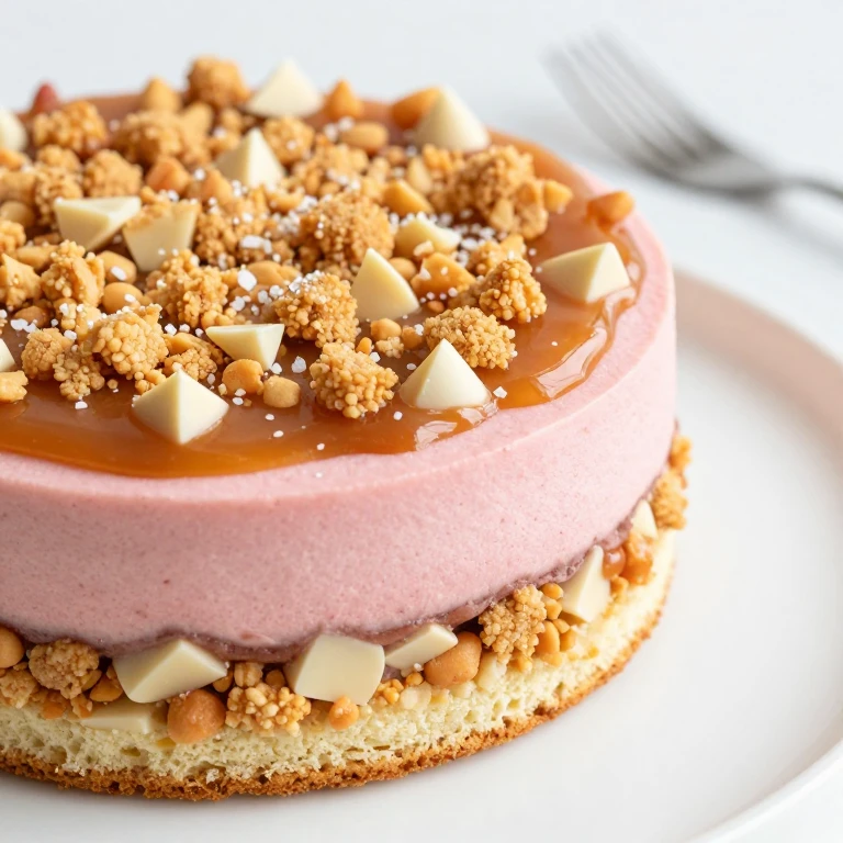 Strawberry mousse cake with white chocolate breadcrumb crunch