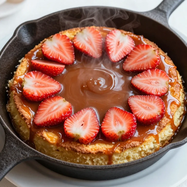 Inverted caramel cake with fresh strawberries on white plate, golden-brown sponge, glossy amber caramel