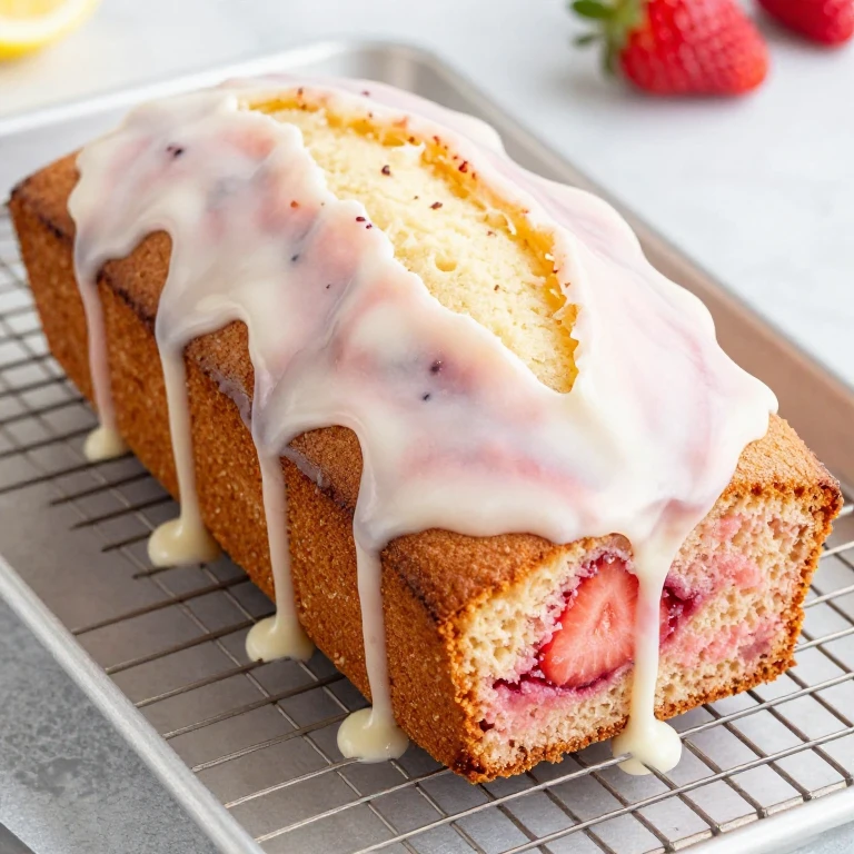 Golden strawberry pound cake with pink-white glaze dripping down sides, overhead view