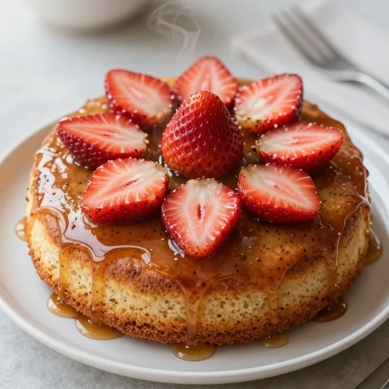 Honey and black pepper strawberry cake, inverted with glossy caramel, fresh strawberries, spiced cake