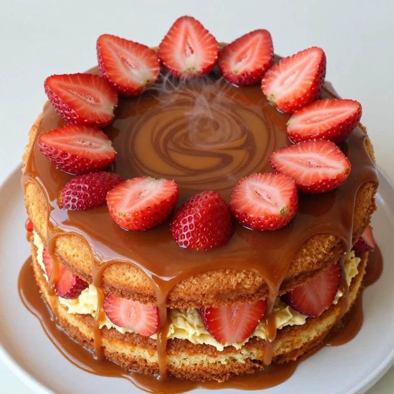 Bourbon caramel strawberry stack cake inverted, amber caramel glaze, strawberry layers, golden cake