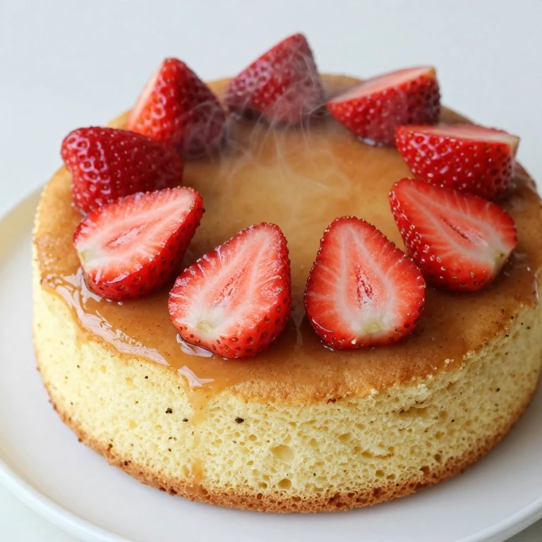 Cardamom strawberry flip cake inverted, golden cake with fresh strawberries, light caramel, warm presentation