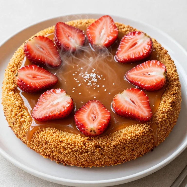 Cornmeal flip cake with salted caramel and fresh strawberries, golden-brown texture, inverted on plate