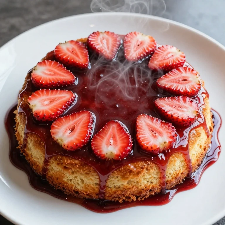 Balsamic strawberry upside-down cake, dark glossy glaze, fresh strawberries, golden-brown cake, inverted