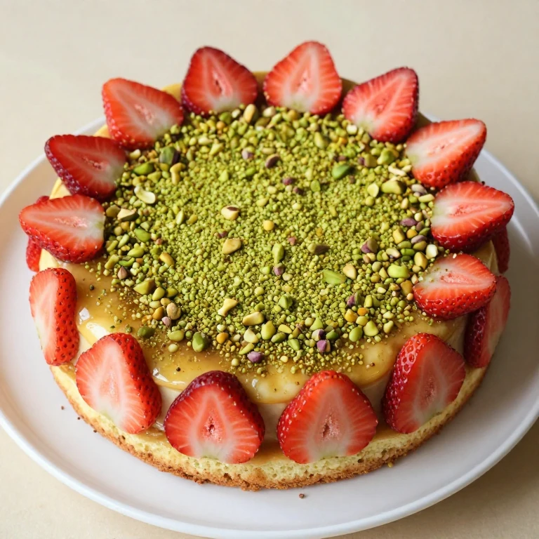 Rose water pistachio strawberry flip cake, inverted with pistachio crumb, fresh strawberries, golden cake