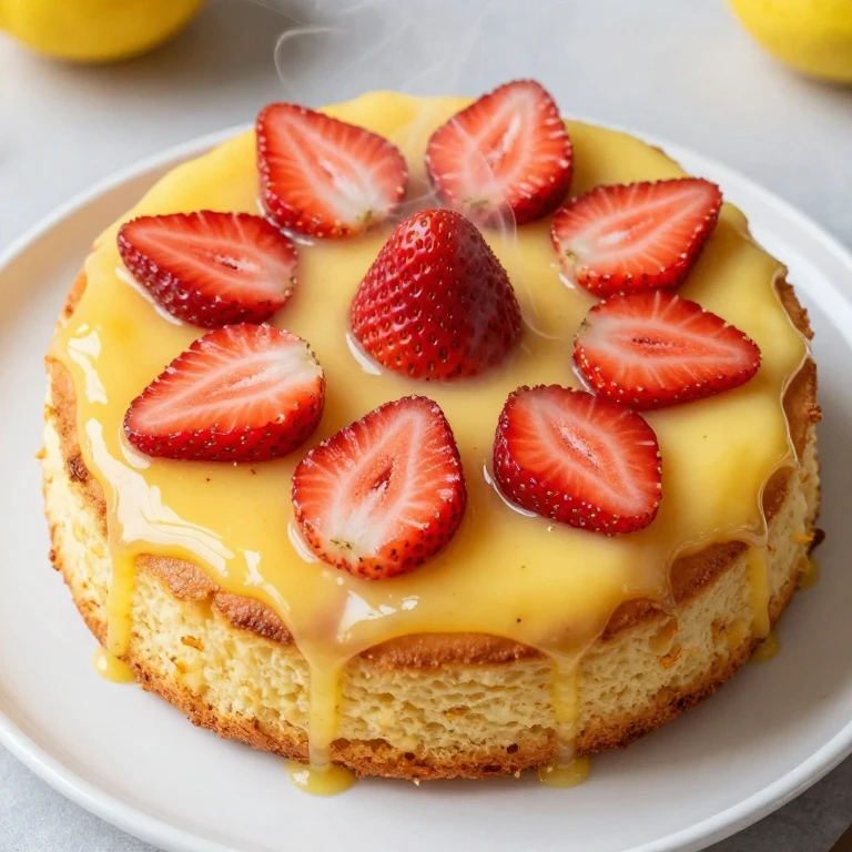 Strawberry-lemon curd flip cake inverted, golden lemon curd base, fresh strawberries, tender cake, citrus zest