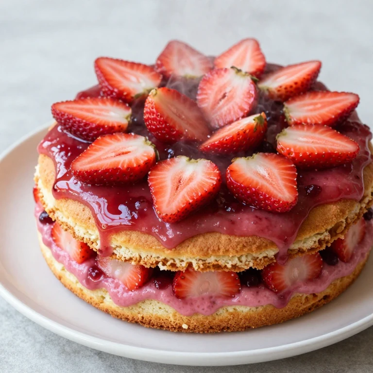 Strawberry-rhubarb layered flip cake inverted, pink compote base, fresh strawberries, golden cake