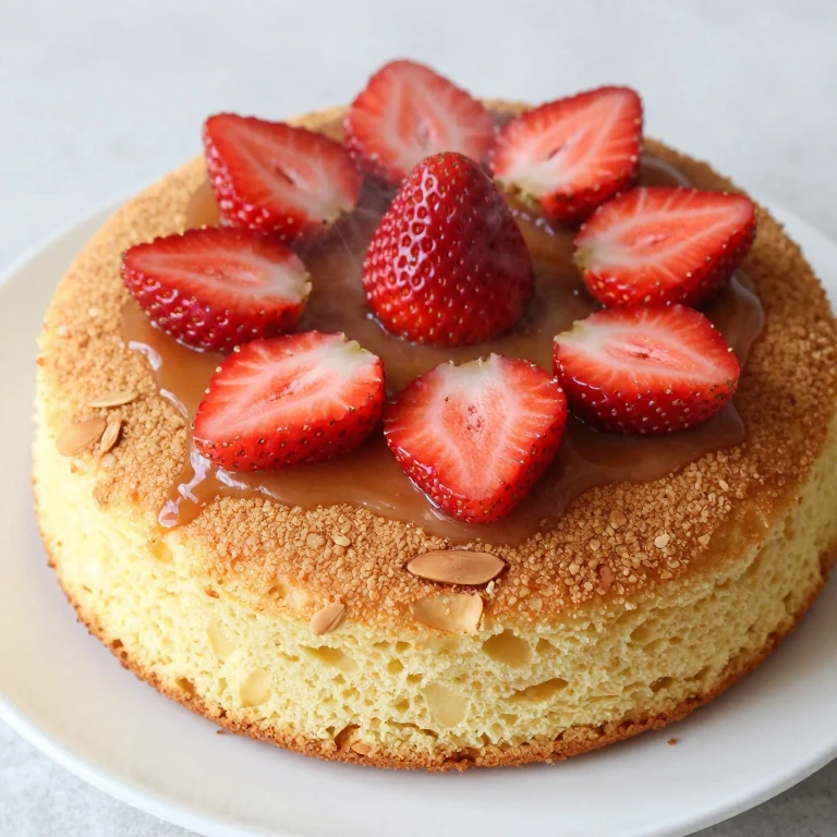 Almond flour gluten-free strawberry flip cake inverted, golden cake, fresh strawberries, tender crumb