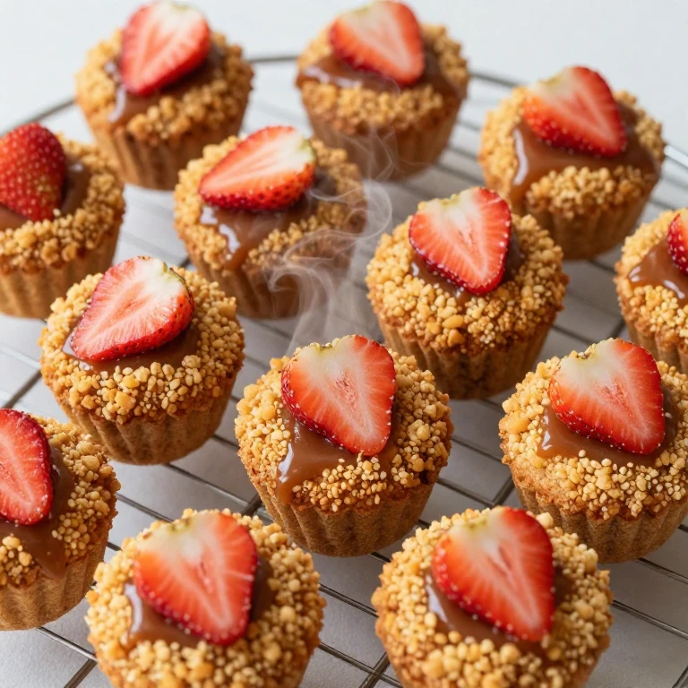 Cornmeal crumb strawberry mini flips inverted, twelve individual cakes, brown caramel, golden texture
