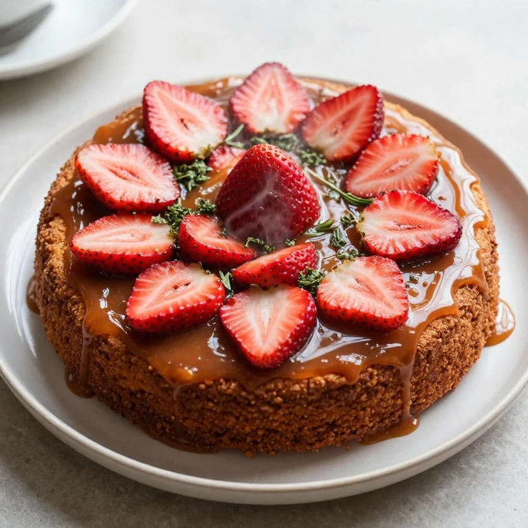 Brown butter sage strawberry flip cake inverted, nutty amber caramel, fresh strawberries, golden cake, herb-infused