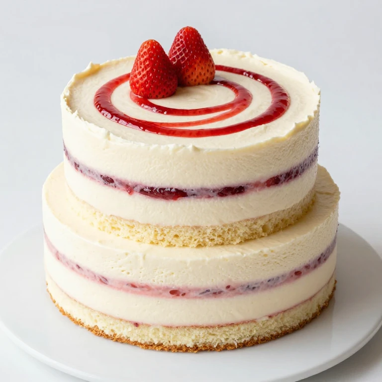 Mascarpone cream cake with jam swirl and fresh strawberry garnish