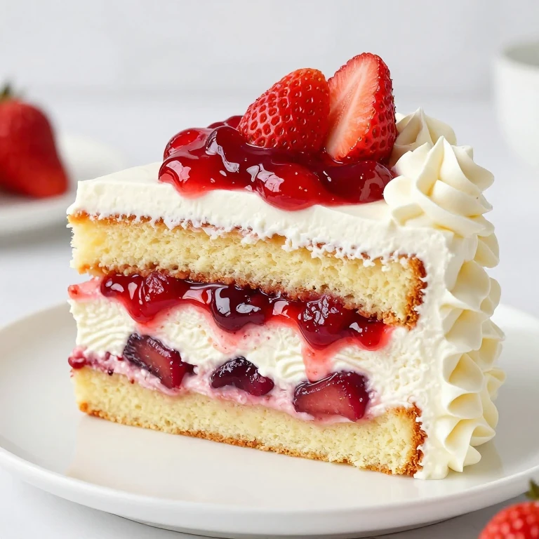 Almond oil cake layered with strawberry compote and whipped cream