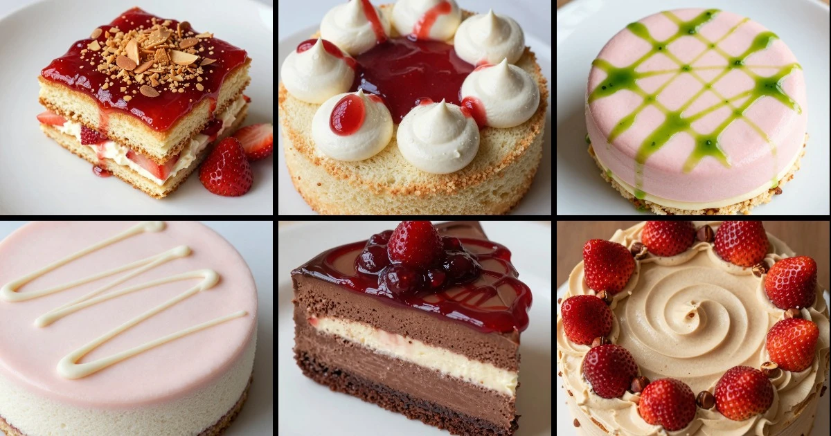 Collage of six strawberry cake recipes featuring layered sponges, mousses, and ganaches with varied flavor combinations and toppings.