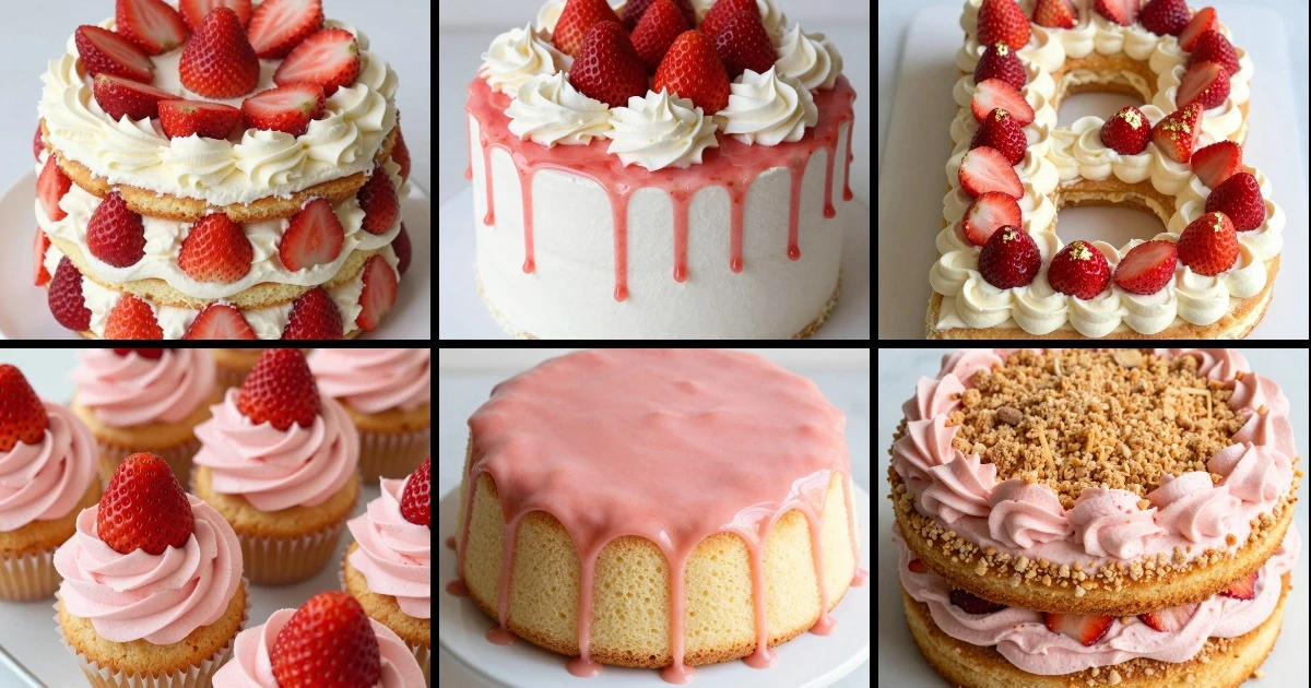Collage of six strawberry cake variations including layered cakes, cupcakes, and glazed designs with different frostings and toppings.