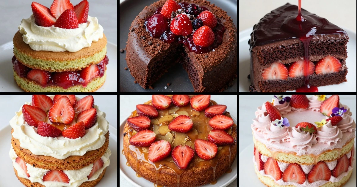 Collage of six strawberry cake recipes featuring pistachio, chocolate, espresso, spiced, ginger, and rosé variations with diverse toppings.