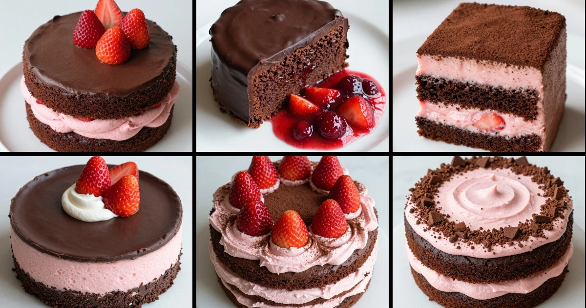 Collage of six chocolate strawberry cake recipes featuring layered cakes, tortes, cheesecake, and frostings with fresh strawberries.